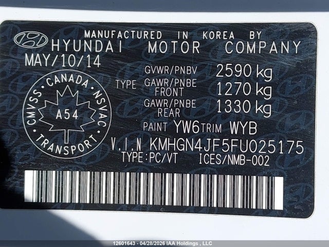 Aukcja sprzedaży 2015 Hyundai Genesis 5.0l, vin: KMHGN4JF5FU025175, numer aukcji: 12601643