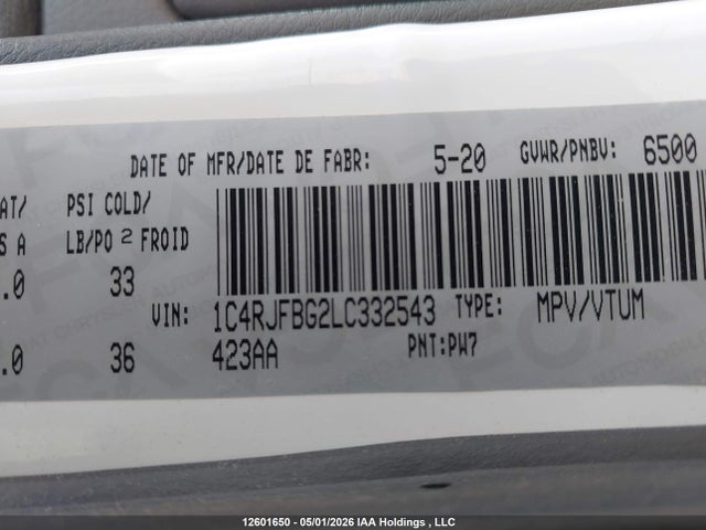 Aukcja sprzedaży 2020 Jeep Grand Cherokee Limited, vin: 1C4RJFBG2LC332543, numer aukcji: 12601650