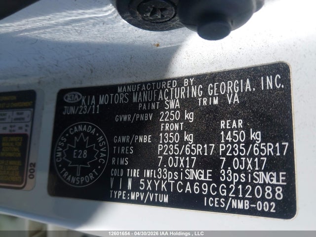 Aukcja sprzedaży 2012 Kia Sorento Lx, vin: 5XYKTCA69CG212088, numer aukcji: 12601654