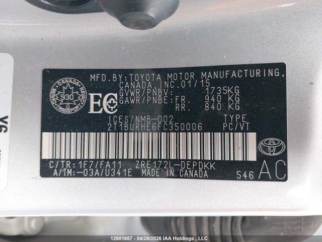 Aukcja sprzedaży 2015 Toyota Corolla Ce, vin: 2T1BURHE6FC350006, numer aukcji: 12601657