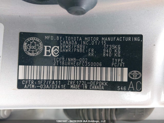Aukcja sprzedaży 2015 Toyota Corolla Ce, vin: 2T1BURHE6FC350006, numer aukcji: 12601657
