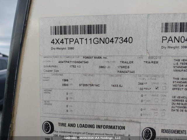 12601665 :رقم المزاد ، 4X4TPAT11GN047340 vin ، 2016 Palomino Palomino مزاد بيع