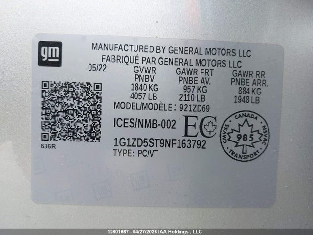 Продаж на аукціоні авто 2022 Chevrolet Malibu Lt, vin: 1G1ZD5ST9NF163792, номер лоту: 12601667