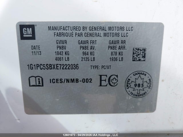 12601673 :رقم المزاد ، 1G1PC5SBXE7222036 vin ، 2014 Chevrolet Cruze Lt مزاد بيع