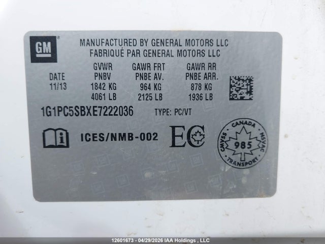 12601673 :رقم المزاد ، 1G1PC5SBXE7222036 vin ، 2014 Chevrolet Cruze Lt مزاد بيع