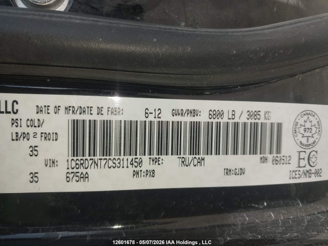 Продажа на аукционе авто 2012 Dodge Ram 1500 Laramie, vin: 1C6RD7NT7CS311450, номер лота: 12601678