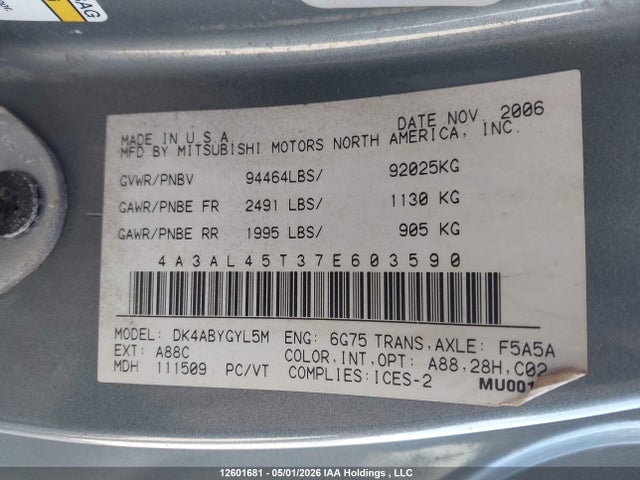 Продаж на аукціоні авто 2007 Mitsubishi Eclipse Spyder Gt, vin: 4A3AL45T37E603590, номер лоту: 12601681