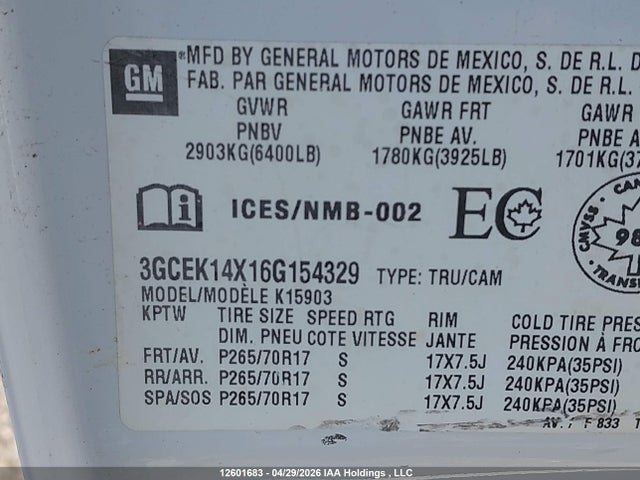 12601683 :رقم المزاد ، 3GCEK14X16G154329 vin ، 2006 Chevrolet Silverado 1500 Value Leader مزاد بيع