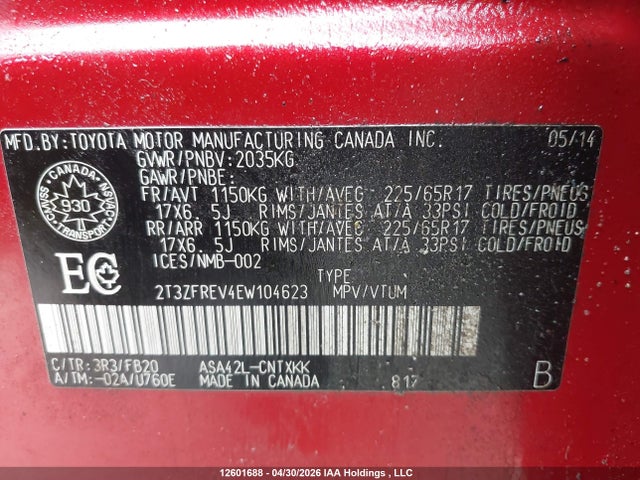 Продаж на аукціоні авто 2014 Toyota Rav4, vin: 2T3ZFREV4EW104623, номер лоту: 12601688