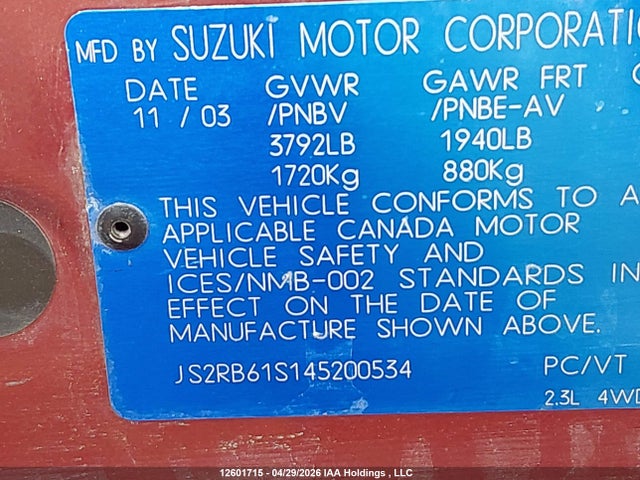 2004 Suzuki Aerio Lx მანქანა იყიდება აუქციონზე, vin: JS2RB61S145200534, აუქციონის ნომერი: 12601715