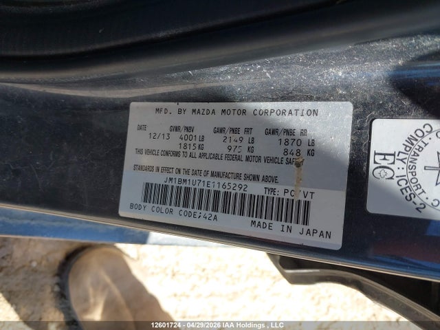 12601724 :رقم المزاد ، JM1BM1U71E1165292 vin ، 2014 Mazda Mazda3 Gx-sky مزاد بيع