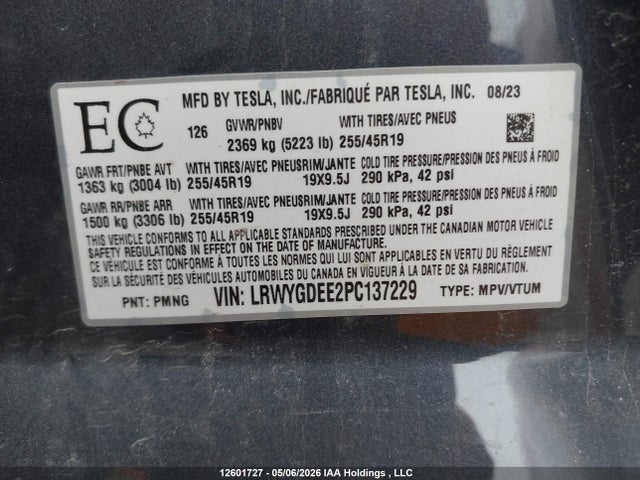 12601727 :رقم المزاد ، LRWYGDEE2PC137229 vin ، 2023 Tesla Model Y Long Range مزاد بيع