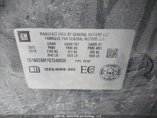 1G1BE5SM7G7243600 Chevrolet Cruze Lt Auto