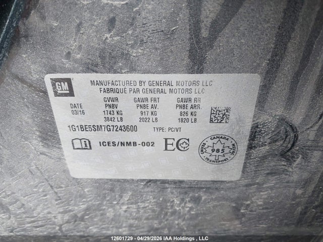 1G1BE5SM7G7243600 Chevrolet Cruze Lt Auto