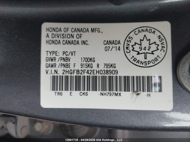 Продаж на аукціоні авто 2014 Honda Civic, vin: 2HGFB2F42EH038909, номер лоту: 12601735