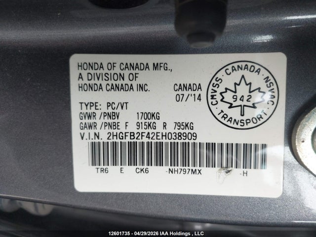 Продаж на аукціоні авто 2014 Honda Civic, vin: 2HGFB2F42EH038909, номер лоту: 12601735