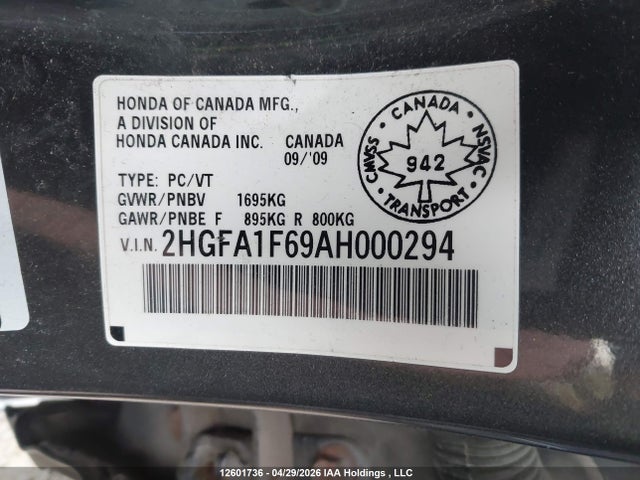 2010 Honda Civic Lx-s მანქანა იყიდება აუქციონზე, vin: 2HGFA1F69AH000294, აუქციონის ნომერი: 12601736