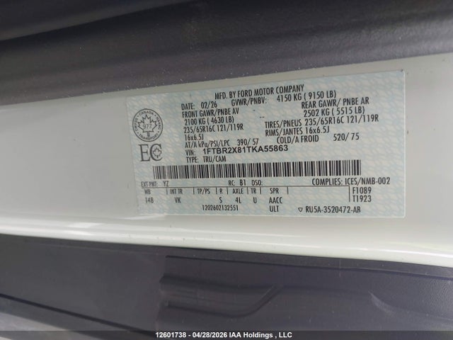 2026 Ford Transit T-250 მანქანა იყიდება აუქციონზე, vin: 1FTBR2X81TKA55863, აუქციონის ნომერი: 12601738