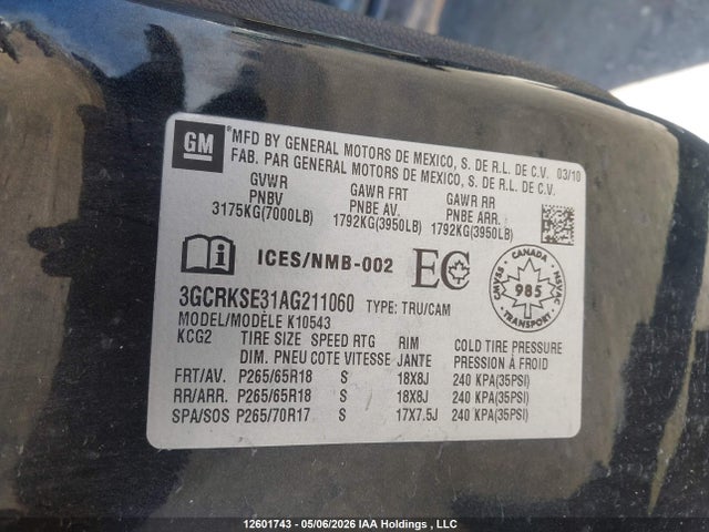 Aukcja sprzedaży 2010 Chevrolet Silverado 1500 Lt, vin: 3GCRKSE31AG211060, numer aukcji: 12601743