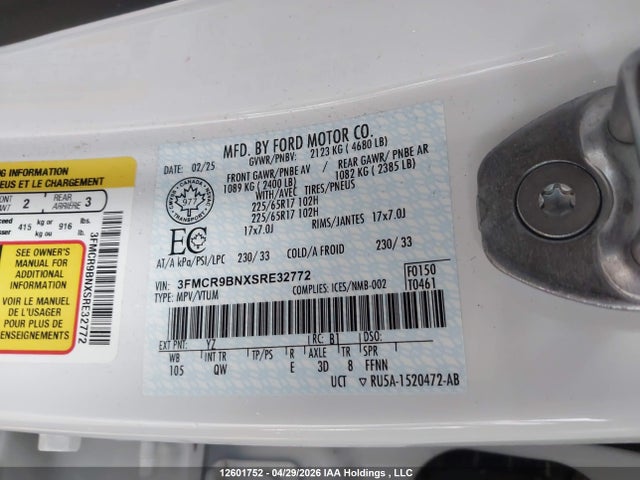 Продаж на аукціоні авто 2025 Ford Bronco Sport Big Bend, vin: 3FMCR9BNXSRE32772, номер лоту: 12601752