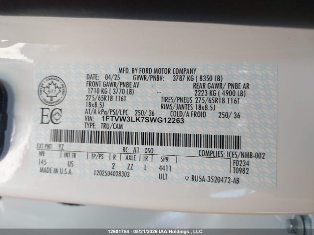 12601754 :رقم المزاد ، 1FTVW3LK7SWG12263 vin ، 2025 Ford F-150 Lightning Xlt مزاد بيع