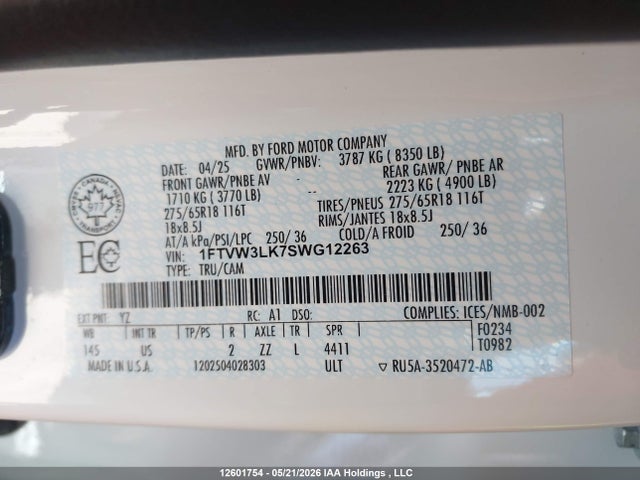 12601754 :رقم المزاد ، 1FTVW3LK7SWG12263 vin ، 2025 Ford F-150 Lightning Xlt مزاد بيع