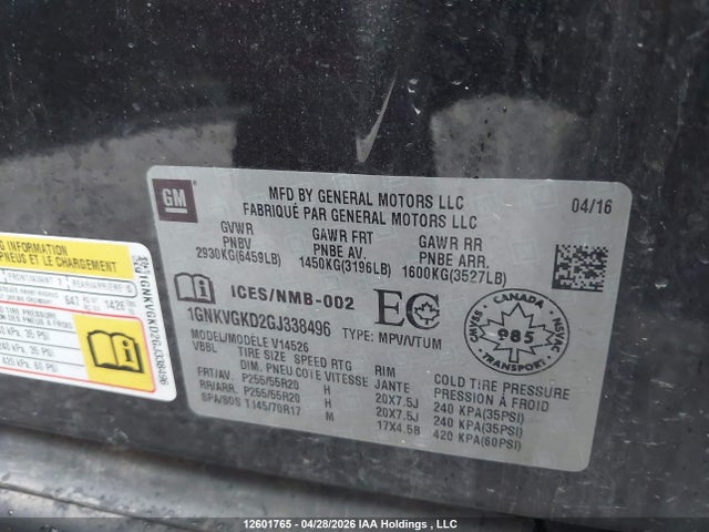Aukcja sprzedaży 2016 Chevrolet Traverse Lt, vin: 1GNKVGKD2GJ338496, numer aukcji: 12601765