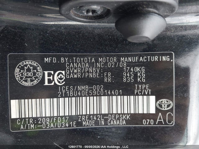 2009 Toyota Corolla S მანქანა იყიდება აუქციონზე, vin: 2T1BU40E59C014401, აუქციონის ნომერი: 12601770