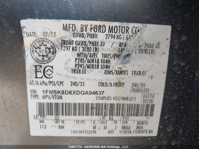 Продаж на аукціоні авто 2013 Ford Explorer Xlt, vin: 1FM5K8D8XDGA94637, номер лоту: 12601774