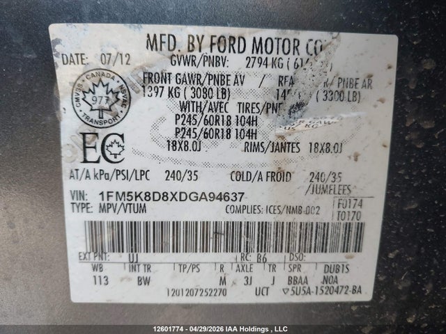 Продаж на аукціоні авто 2013 Ford Explorer Xlt, vin: 1FM5K8D8XDGA94637, номер лоту: 12601774