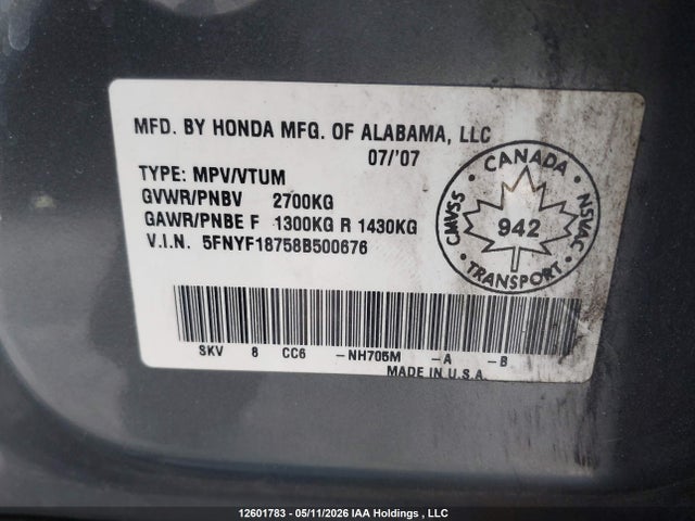 Продажа на аукционе авто 2008 Honda Pilot Ex-l, vin: 5FNYF18758B500676, номер лота: 12601783