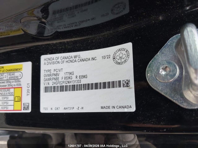 Aukcja sprzedaży 2022 Honda Civic Sport, vin: 2HGFE2F52NH131333, numer aukcji: 12601787