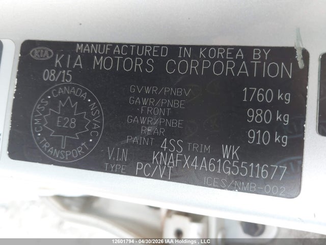 KNAFX4A61G5511677 KIA FORTE LX