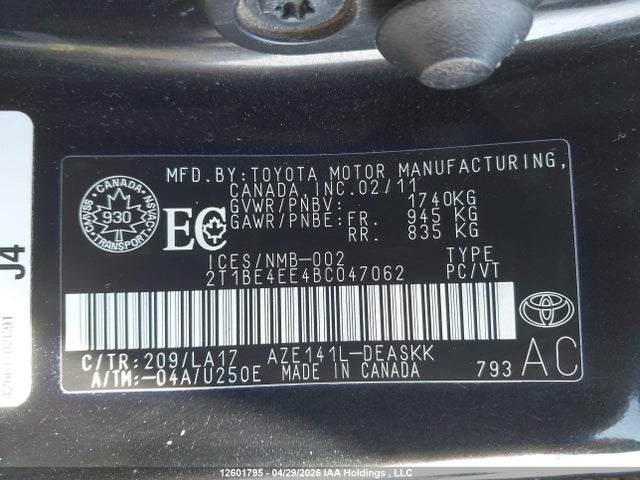 2011 Toyota Corolla Xrs Xrs მანქანა იყიდება აუქციონზე, vin: 2T1BE4EE4BC047062, აუქციონის ნომერი: 12601795