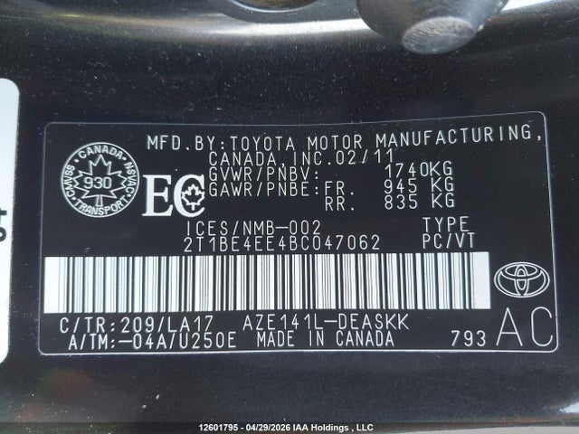 2011 Toyota Corolla Xrs Xrs მანქანა იყიდება აუქციონზე, vin: 2T1BE4EE4BC047062, აუქციონის ნომერი: 12601795
