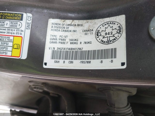 12601807 :رقم المزاد ، 2HGFA1F46BH012967 vin ، 2011 Honda Civic Dx-g مزاد بيع