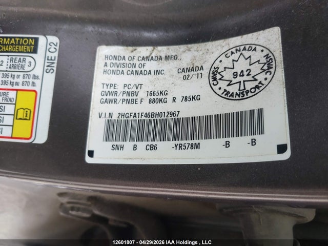 12601807 :رقم المزاد ، 2HGFA1F46BH012967 vin ، 2011 Honda Civic Dx-g مزاد بيع