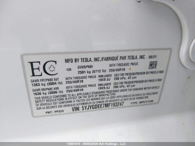 Aukcja sprzedaży 2021 Tesla Model Y, vin: 5YJYGDEE7MF193247, numer aukcji: 12601810