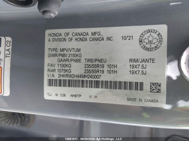2021 Honda Cr-v Sport მანქანა იყიდება აუქციონზე, vin: 2HKRW2H44MH240007, აუქციონის ნომერი: 12601817