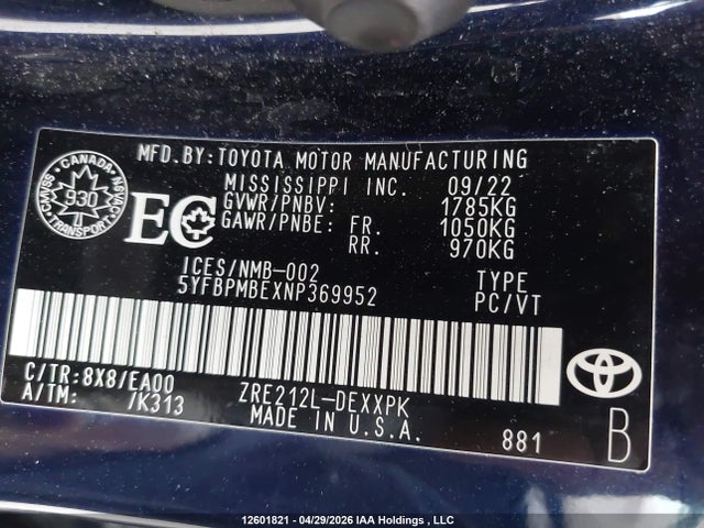 12601821 :رقم المزاد ، 5YFBPMBEXNP369952 vin ، 2022 Toyota Corolla مزاد بيع