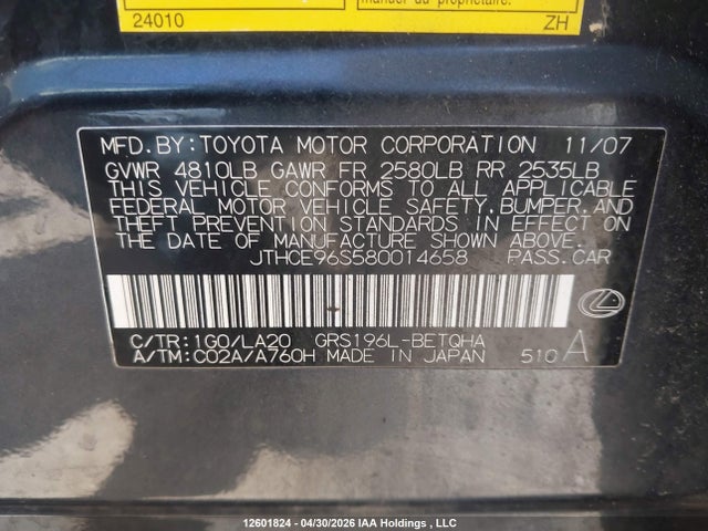 12601824 :رقم المزاد ، JTHCE96S580014658 vin ، 2008 Lexus Gs 350 350 مزاد بيع