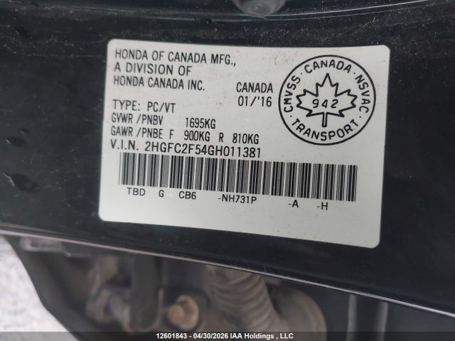 Продажа на аукционе авто 2016 Honda Civic Lx, vin: 2HGFC2F54GH011381, номер лота: 12601843