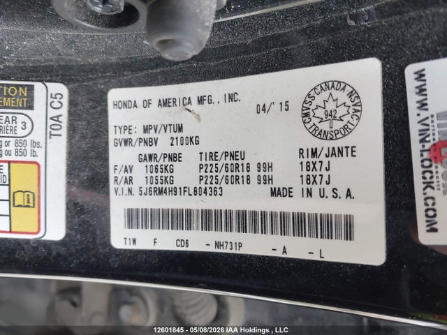 2015 Honda Cr-v Touring მანქანა იყიდება აუქციონზე, vin: 5J6RM4H91FL804363, აუქციონის ნომერი: 12601845