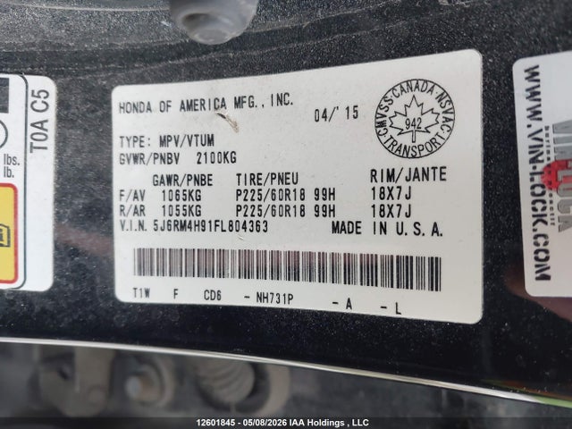 2015 Honda Cr-v Touring მანქანა იყიდება აუქციონზე, vin: 5J6RM4H91FL804363, აუქციონის ნომერი: 12601845
