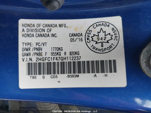 Продажа на аукционе авто 2016 Honda Civic Ex-t, vin: 2HGFC1F47GH112237, номер лота: 12601850