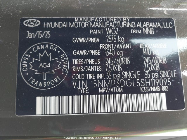 2025 Hyundai Santa Fe Xrt მანქანა იყიდება აუქციონზე, vin: 5NMP3DGL5SH119095, აუქციონის ნომერი: 12601851