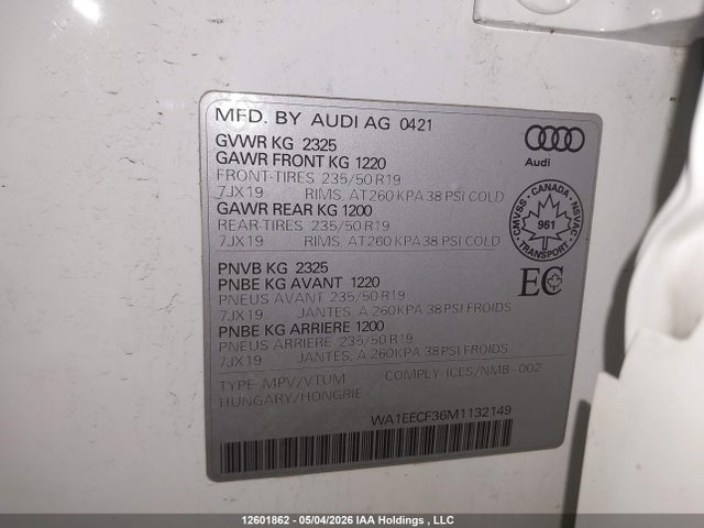 12601862 :رقم المزاد ، WA1EECF36M1132149 vin ، 2021 Audi Q3 Premium Plus S Line 45 مزاد بيع