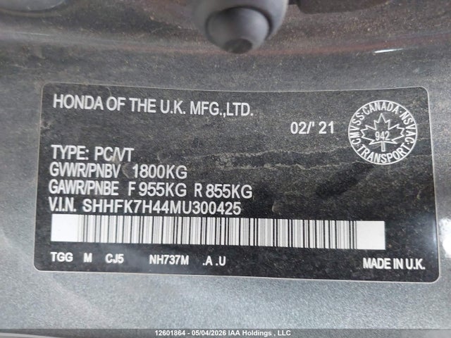 Aukcja sprzedaży 2021 Honda Civic, vin: SHHFK7H44MU300425, numer aukcji: 12601864