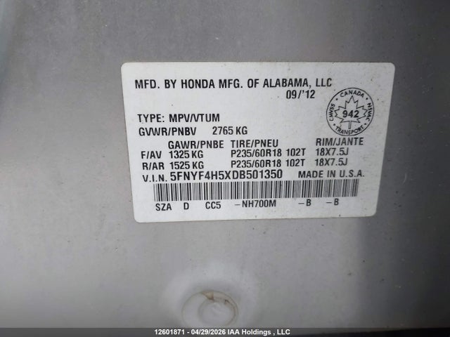 2013 Honda Pilot Ex-l მანქანა იყიდება აუქციონზე, vin: 5FNYF4H5XDB501350, აუქციონის ნომერი: 12601871