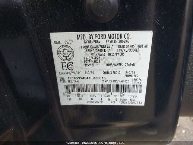 Продажа на аукционе авто 2007 Ford F-150, vin: 1FTRW14547FB35815, номер лота: 12601885